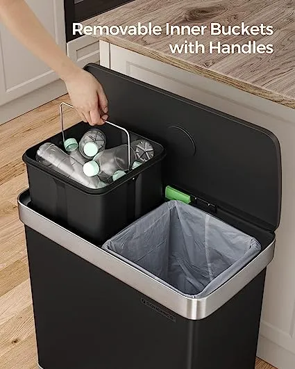 SONGMICS 16 Gallon (2 x 8 Gallon) Dual Compartment Garbage Can 60L Pedal Recycling Bin 15 Trash Bags Included Black