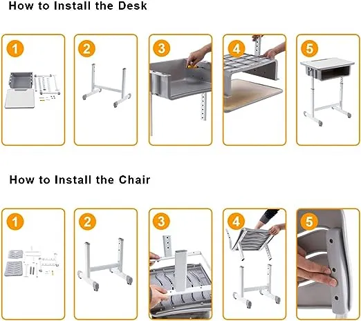 ShowMaven Student Desk and Chair Combo, Height Adjustable Children's Desk and Chair Workstation with Drawer, Pencil Grooves and Hanging Hooks for Home, School and Training (Light Grey&White)