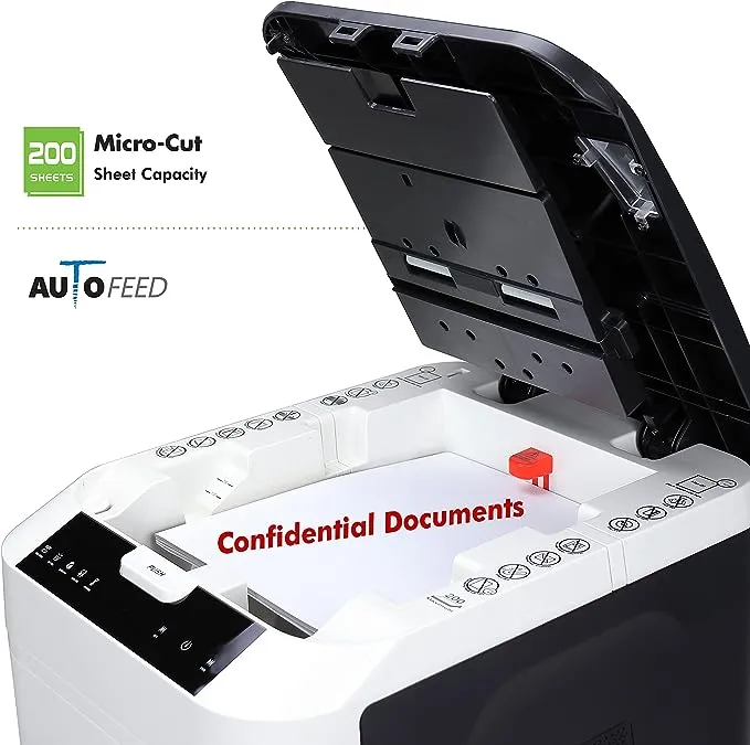 Aurora Commercial Grade 200-Sheet Auto Feed High Security Micro-Cut Paper Shredder 60 Minutes Security Level P-5