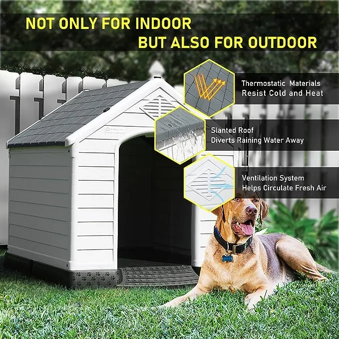 LEMBERI Durable Waterproof Plastic Dog House for Small to Large Sized Dogs, Indoor Outdoor Doghouse Insulated Puppy Shelter with Elevated Floor, Easy to Assemble,Ventilation Design Dog Home Gray