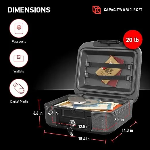 SentrySafe Fireproof and Waterproof Safe Box with Key Lock, Fire and Water Chest Safe for Valuables, 0.28 Cubic Feet, 6.6 x 15.4 x 14.3 Inches, CHW20221