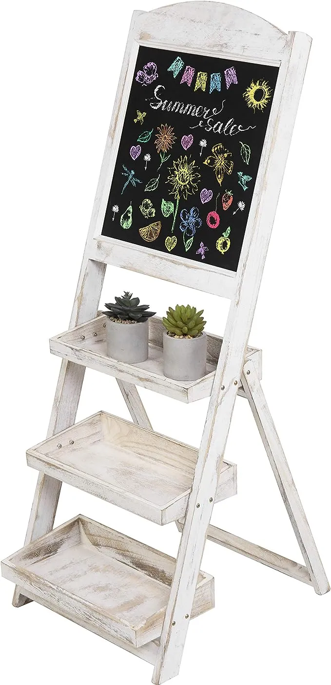 MyGift Shabby Whitewashed Wood Easel Chalkboard Sign with 3 Display Shelves