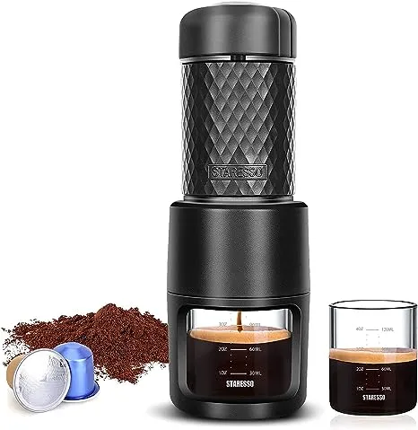 STARESSO Classic Portable Espresso Maker,Unique 2IN1 Travel Coffee Maker,Compatible Nespresso Capsules and Ground Coffee,Manual Espresso Machine,Hand Coffee Maker,Travel Gadgets,Manually Operated for Kitchen travel,camping,hiking