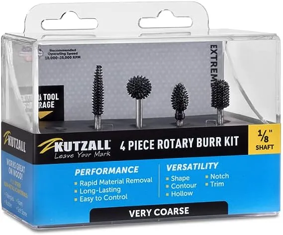 Kutzall 5-Piece Rotary Burr Kit - 1⁄8" Shaft, Variety Grit - Woodworking Attachment for Dremel, Foredom, Ryobi, DeWalt, Milwaukee Tools - Structured Tungsten Carbide