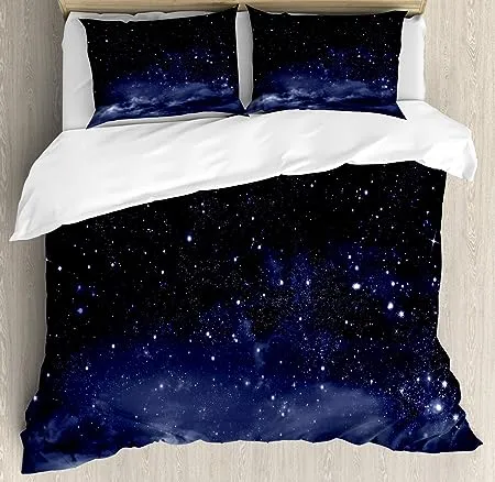 Ambesonne Night Duvet Cover Set, Ethereal View of The Dark Sky Atmosphere Nebula Fantasy Cosmic Universe Theme, Decorative 3 Piece Bedding Set with 2 Pillow Shams, Queen Size, Dark Blue White