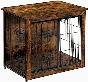 DWANTON Dog Crate Furniture with Cushion, Wooden Dog Crate Table, Double Doors Dog Furniture, Indoor Dog Kennel, Dog House, Dog Cage Large, 38.5"