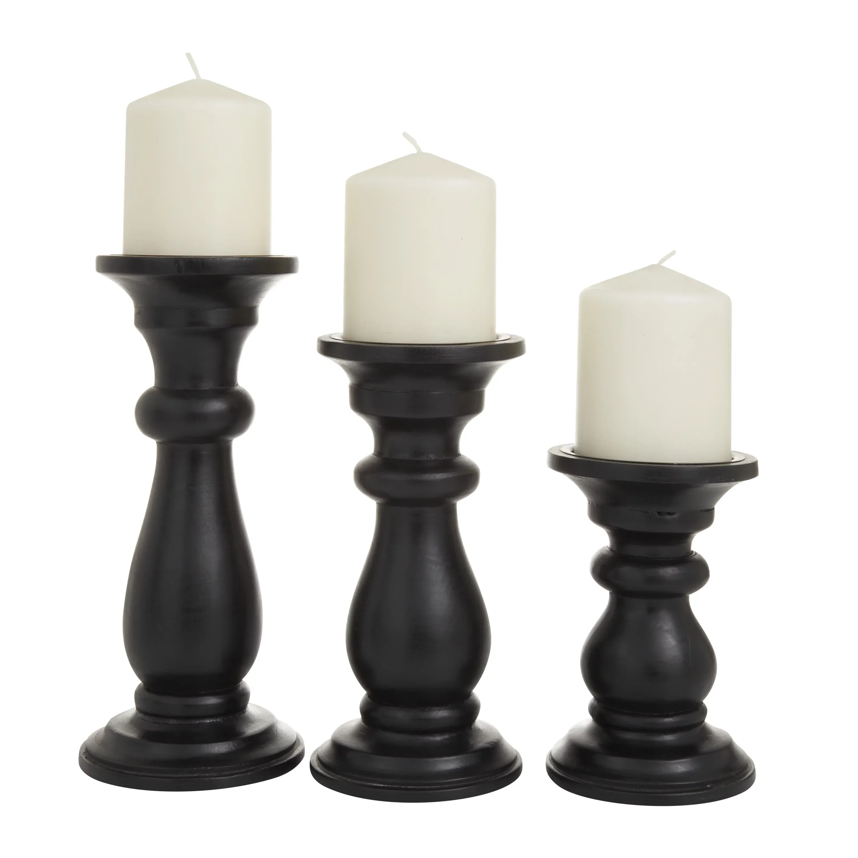 DecMode 3 Candle Black Mango Wood Turned Style Pillar Candle Holder, Set of 3