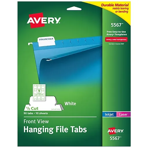 Avery Printable Hanging File Folder Tabs, 1/5 Cut, White, 90 Total (5567)