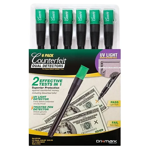 Dri Mark Dual Test Counterfeit Detection Marker Pens with UV LED Cap, 6/Pack (351UV6) | Staples