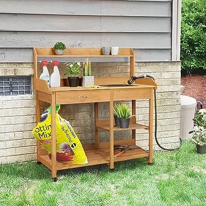 Topeakmart Potting Bench Table with Removable Sink Drawer Shelves for Outdoor, Gray