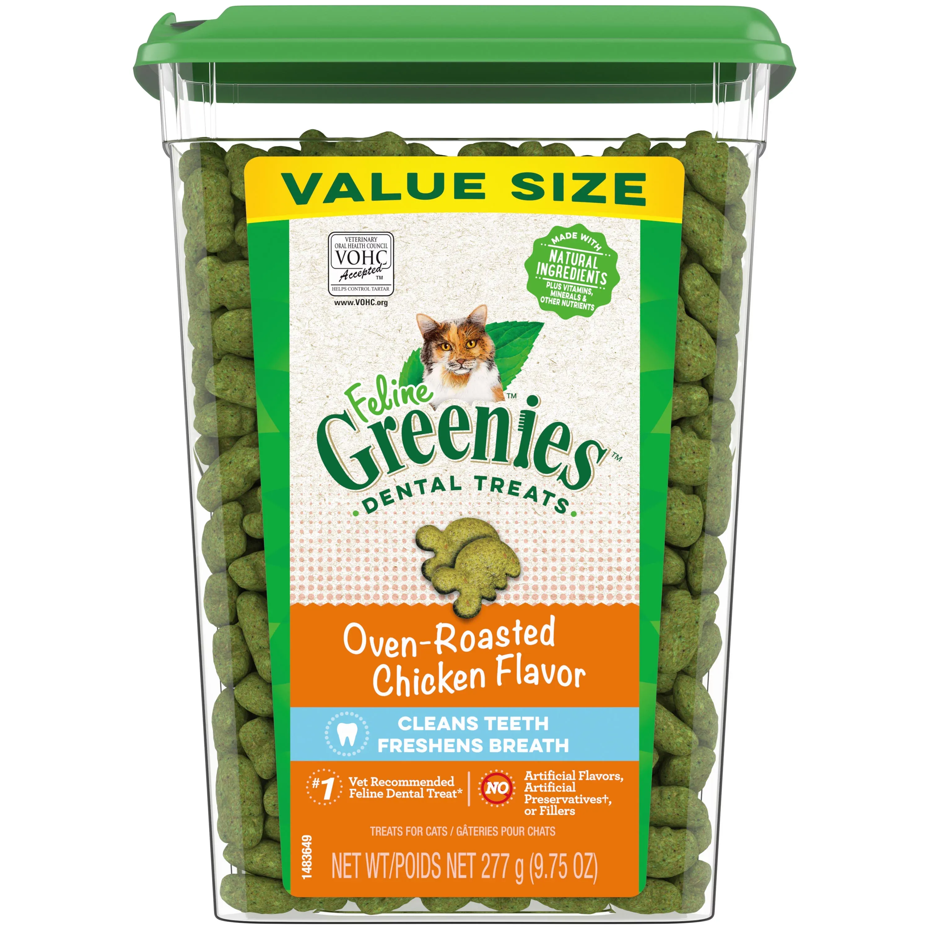 FELINE GREENIES Natural Dental Care Cat Treats Oven Roasted Chicken Flavor, 21 oz. Tub