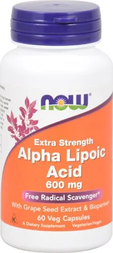 NOW Foods Supplements, Alpha Lipoic Acid 600 mg with Grape Seed Extract & Bioperine®, Extra Strength, 60 Count (Pack of 1)