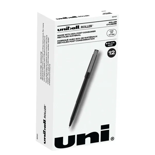 Uni-Ball Stick Roller Ball Pen, Fine 0.7mm, Black Ink, Black Matte Barrel, Dozen