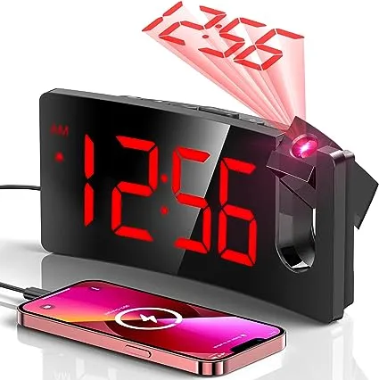 GOLOZA Projection Alarm Clock, Digital Clock with 180° Rotatable Projector, 3-Level Brightness Dimmer, Clear LED Display, USB Charger, Progressive