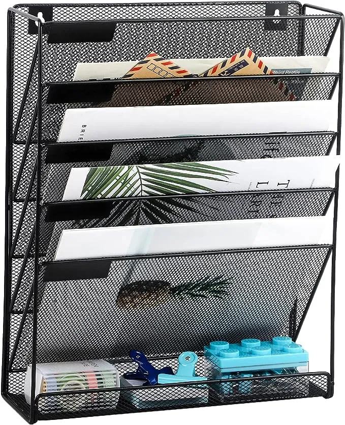 Desk File Organizer Mesh 5-Tier Hanging Wall Mount File Holder Desktop Vertic...