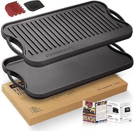 Overmont Pre-seasoned 17x9.8 Cast Iron Reversible Griddle Grill Pan with handles