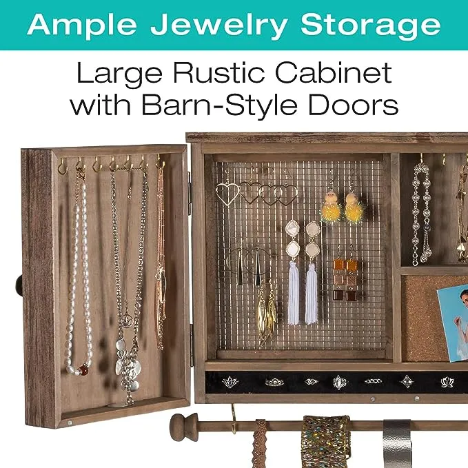 Rustic Wall Mounted Jewelry Organizer with Wooden Barndoor Decor