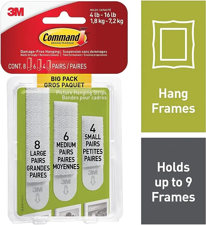 Command Picture Hanging Strips Big Pack, Removable, (4) Small, (6) Medium, (8) Large, White, 18 Pairs/Pack