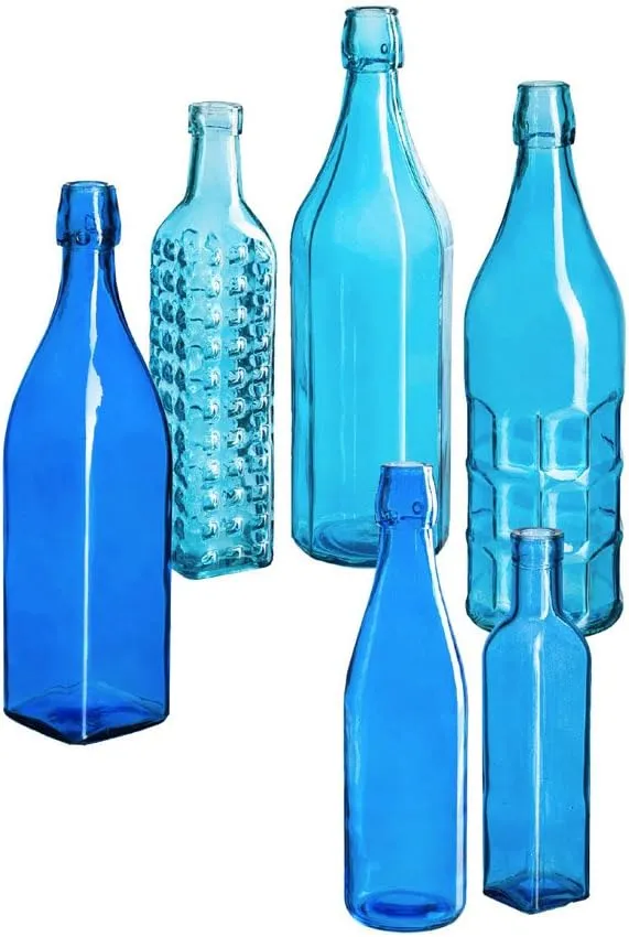 Evergreen Brilliant Blue Glass Bottles, Set of 6