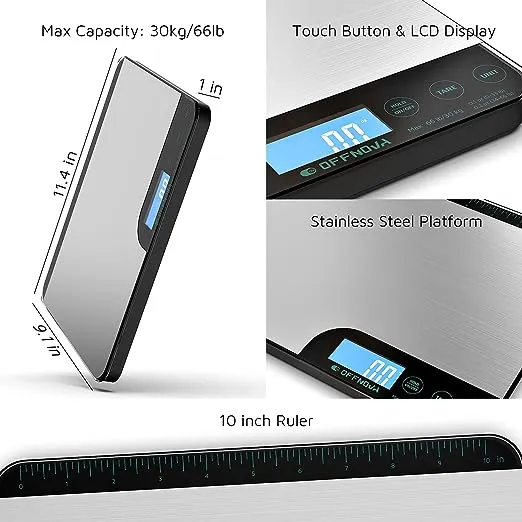 OFFNOVA Digital Shipping Postal Scale for Packages, 66 lbs Weight Stainless Steel Accuracy Scale, with 10" Length Measuring Ruler and LCD Screen