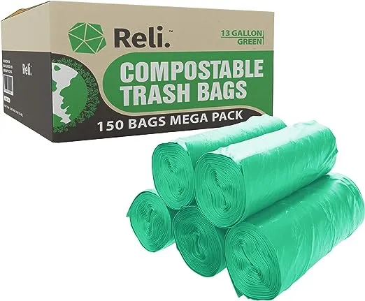 Reli. Compostable 13 Gallon Trash Bags | 150 Count Bulk | ASTM D6400 | Green | Eco-Friendly | For Compost