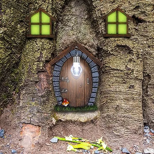 Fairy Gnome Home Miniature Window and Door with Litter lamp for Trees Decorat...