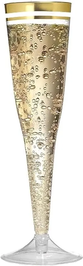 Perfect Settings 100 Pack Plastic Champagne Flutes | Disposable Champagne Flute | Gold Rim Clear Plastic Champagne Glasses for Parties | Mimosa Bar, Wedding and Shower Party Supplies