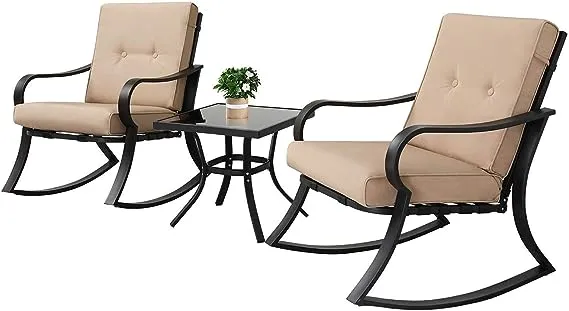 Oakmont Outdoor Furniture 3 Piece Bistro Set Rocking Chairs and Glass Top Table, Thick Cushions, Black Steel