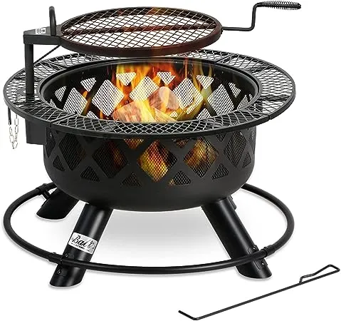 BALI OUTDOORS Wood Burning Fire Pit, 32 Inch Outdoor Backyard Patio Fire Pit with 18.7 Inch Cooking Grill Grate, Black