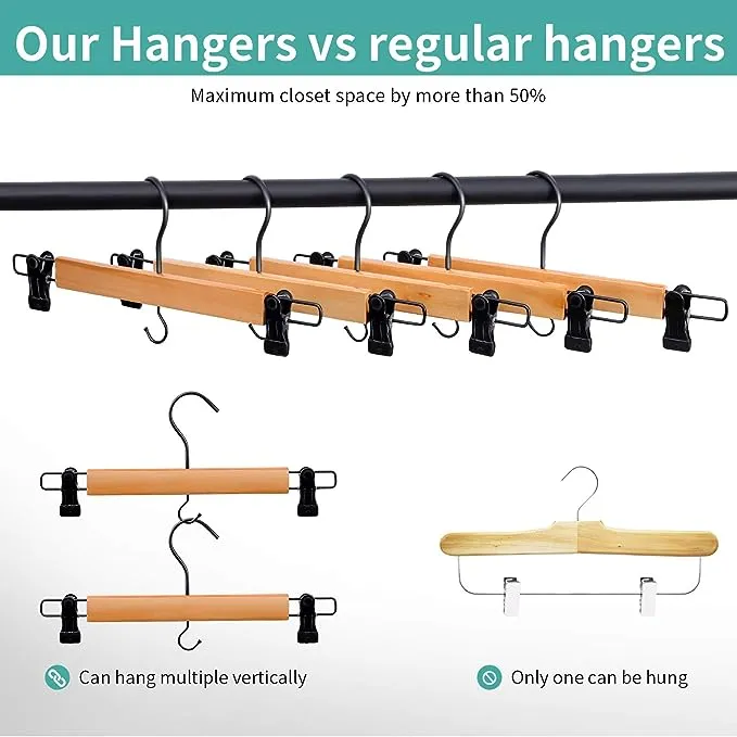 Perfecasa Premium Wooden Pants Hangers 10 Pack, Skirt Hangers with Two Sure Grip Clips, Noise Canceling Swivel Hook (Clear Natural)