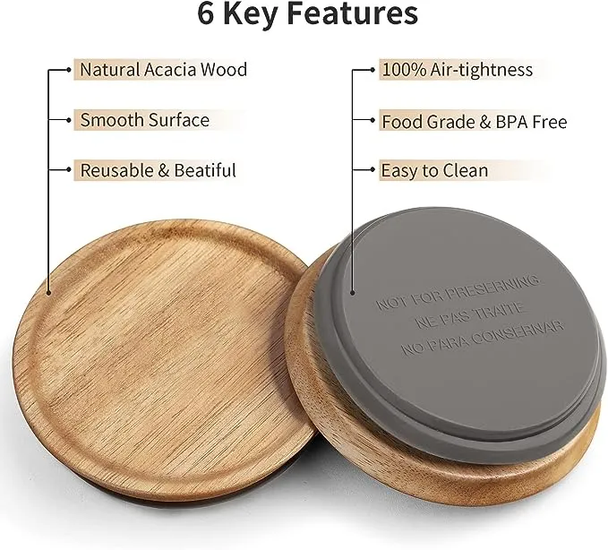 6-Pack Wide Mouth Wooden Mason Jar Lids for Ball/Mason Jars, Reusable Acacia Wood Mason Jar Lids with Airtight Silicone Seal Perfect for Dry Food Storage (Brown)