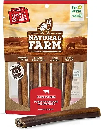 Natural Farm Peanut Butter Flavor Collagen Sticks for Dogs (6 inch, 5 Pack), Long-Lasting Beef Collagen Chews, Best Rawhide A