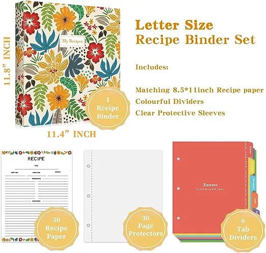 Recipe Binder 8.5" x 11" 3 Ring Full Page-Make Your Own Cookbook Binder with Plastic Page Protectors, Color Printing Paper and Full Page Dividers for Family Recipes.