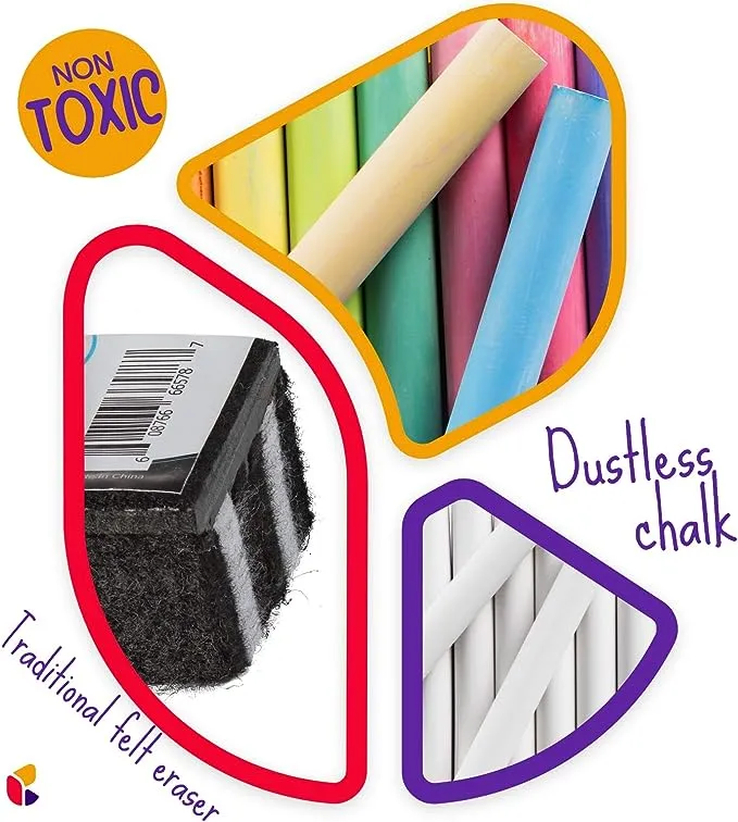 Kedudes Dustless Chalk with Eraser (24pk) - 12 Colored 25 Piece Set, White 