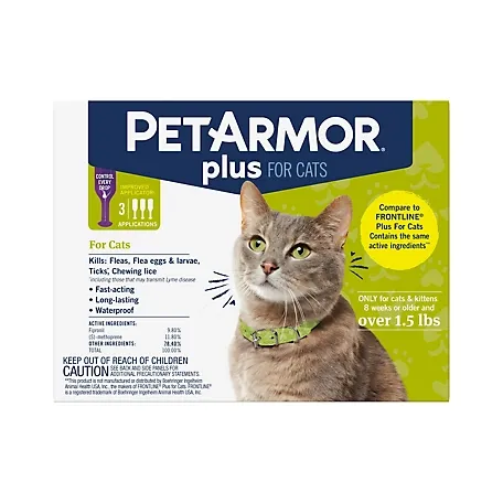 PetArmor Plus for Cats, Flea & Tick Prevention for Cats Over 1.5 lbs, Waterproof and Fast-Acting Topical Flea and Tick Medication, 3 Month of Treatment, 3 Count 