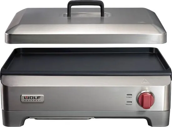 Wolf Gourmet Precision Electric Griddle, Indoor Grill, 200 sq. in, Nonstick Coating, Advanced Temperature Control, Stainless Steel, Red Knob (WGGR100S)