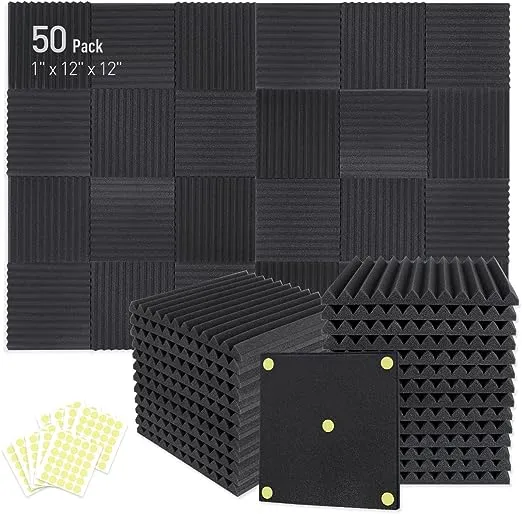 Focusound 50 Pack Acoustic Foam 1" x 12" x 12" Sound Proof Foam Panles Soundproofing Noise Cancelling Wedge Panels for Home Office Recoding Studio with 270PCS Double-Side Adhesive