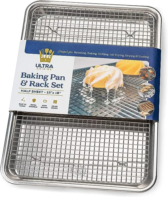 Ultra Cuisine Aluminum Baking Sheet with Stainless Steel Cooling Rack Set – Half Sheet Size Pan 13 x 18 inch, Durable Rimmed Sides, Easy Clean, Commercial Quality for Cooking and Roasting