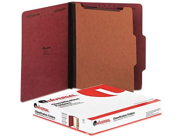 Four-Section Pressboard Classification Folders, 2" Expansion, 1 Divider, 4 Fasteners, Letter Size, Red Exterior, 10/Box