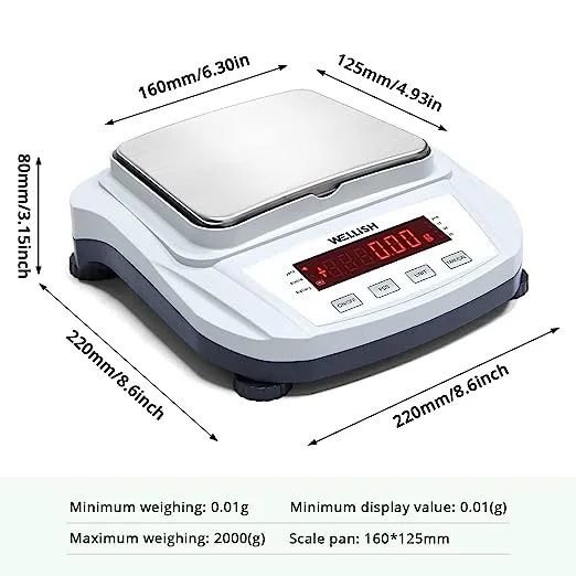 WELLiSH Lab Scale 2000g/0.01g High Precision Digital Scale Analytical Balance Electronic Scale for Kitchen Lab Weighing