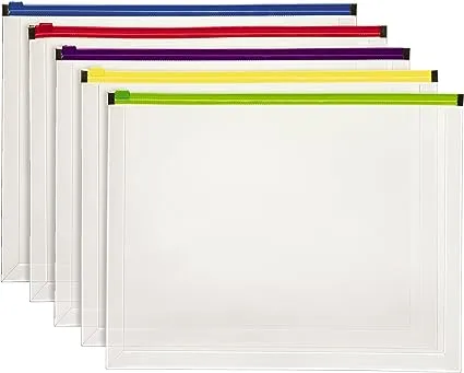 Pendaflex Poly Zip Envelope, Plastic Expanding File Pockets, Clear Zipper Pouches, Plastic Envelopes with Secure Closure, Letter Size, Assorted Color Zippers, 1 inch Expansion, 5 per Pack (85292)