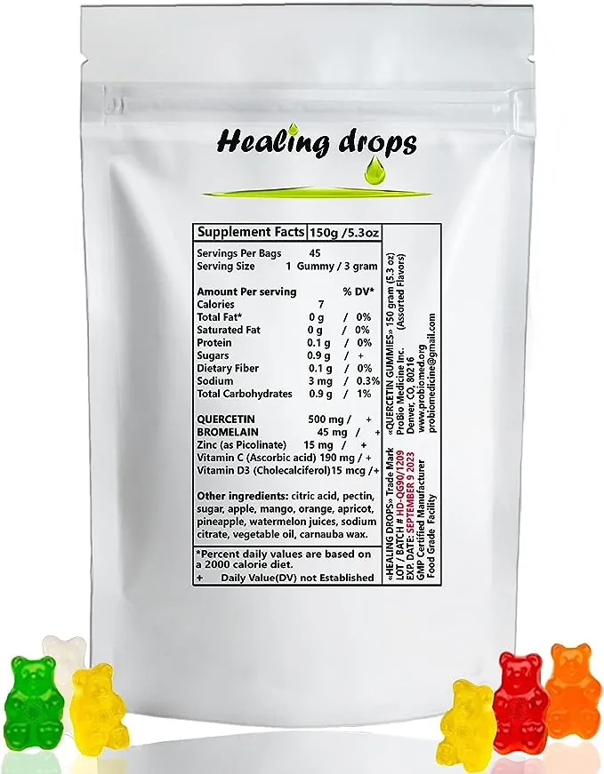 Healing Drops Quercetin with Bromelain Gummies - Vitamin C + Zinc + Vitamin D3 - Quercetin 500mg Gummies for Kids and Adults (1)