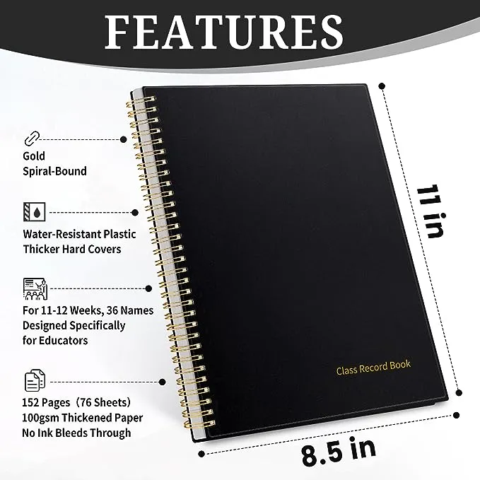 SUNEE Teacher Class Record Book for 11-12 weeks, 36 Names, 8.5x11 Inch, 152 Pages(76 Sheets), 100gsm Thick Paper, Larger Grade Recording for up to 36 Students with Water-Resistant Plastic Cover, Light BLUE