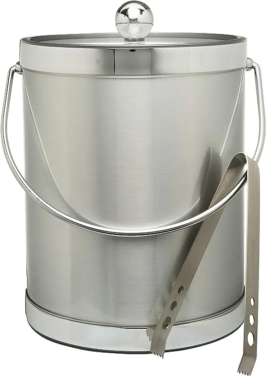 Hand Made In USA Brushed Silver Double Walled 5-Quart Insulated Ice Bucket With Ice Tongs (Metallic Deco Collection)