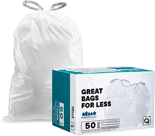 Plasticplace Trash Bags │simplehuman (x) Code J Compatible (200 Count)│White Drawstring Garbage Liners 10-10.5 Gallon / 38-40 Liter │ 21" x 28"