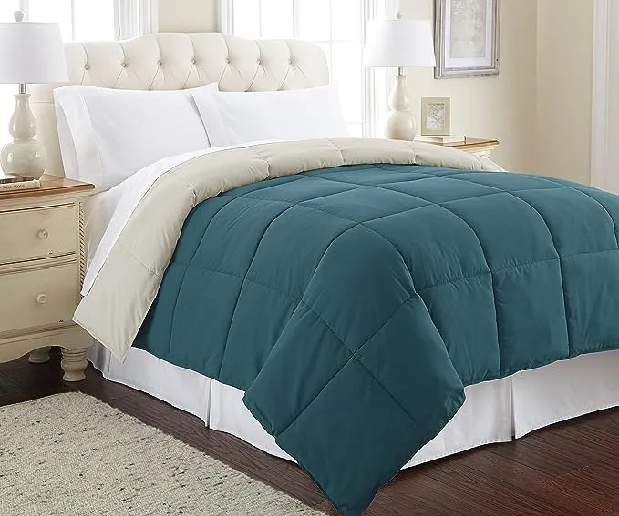 Modern Threads Down Alternative Microfiber Quilted Reversible Comforter & Duvet Insert - Soft, Comfortable Alternative to Goose Down - Bedding for All Seasons Blue Coral/Oatmeal Full/QueenModern Threads Down Alternative Microfiber Quilted Reversible Comf