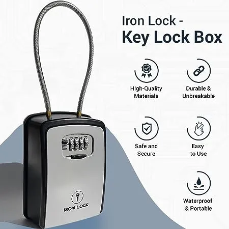 Iron Lock® XXL Key Lock Box Portable and Wall Mounted with Removable Cable Shackle Waterproof Indoor Outdoor 4 Digit Combination with Resettable Code with A B Switch Extra Large Key Lockbox Outside