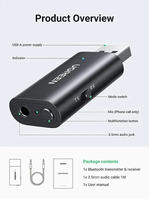 UGREEN 5.1 Transmitter Receiver 2 in 1 Wireless USB Adapter Built-in Microphone 3.5mm Audio Bluetooth Dongle Driver Free for TV, Home Stereo, Car Stereo, Headphones, Speakers, PC