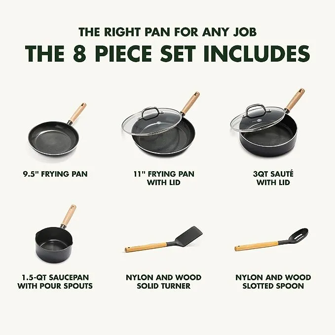 GreenPan Hudson Healthy Ceramic Nonstick, 8 Piece Cookware Pots and Pans Set, Vintage Wood Inspired Handle, PFAS-Free, Dishwasher Safe, Black