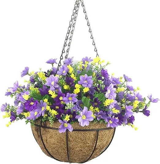 Lopkey Artificial Daisy Flowers Outdoor Indoor Patio Lawn Garden Hanging Basket with Chain Flowerpot,White-Red